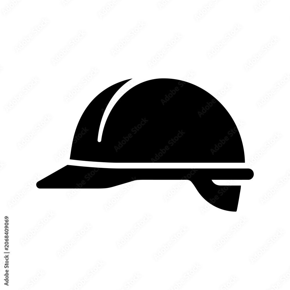 Fototapeta premium Minimalist black hard hat safety helmet icon for construction and industrial site protection on white background