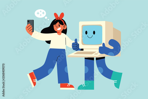 Girl Selfie with Robot Illustration
