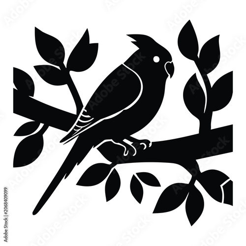 Budgie-bird Silhouette on Tree Branch - Pet Bird Vector Stencil Art