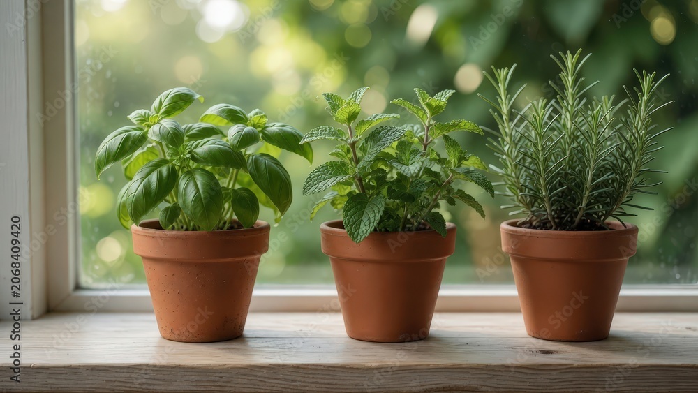 Fototapeta premium Fresh Green Herbs in Terracotta Pots on Light Wooden Windowsill