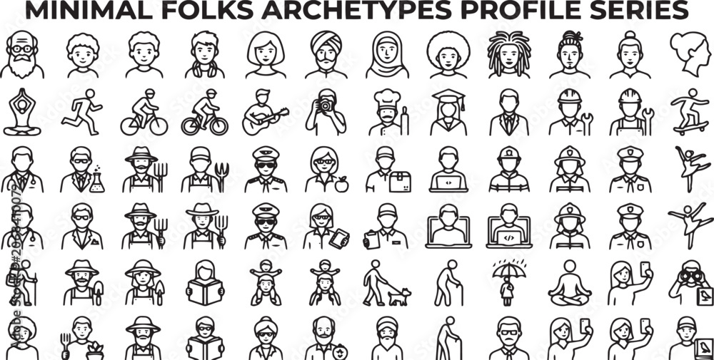 Fototapeta premium Folk Character Archetypes Profile Icon Collection Vector