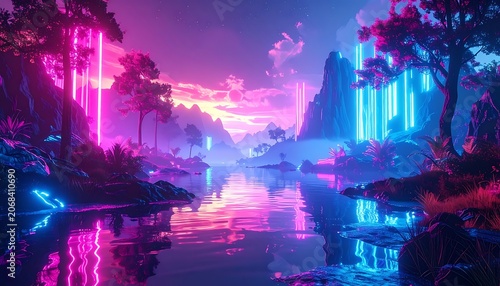 Neon Lit River Landscape with Trees.