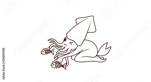 Fotografie Simple Line Drawing of Squid or Octopus.