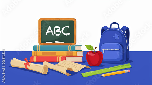 Back to School Supplies on Blue Background with Chalkboard and Backpack