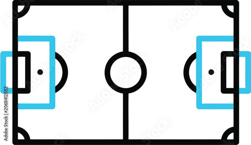 Minimal soccer field top view line icon with goals and center circle on white background