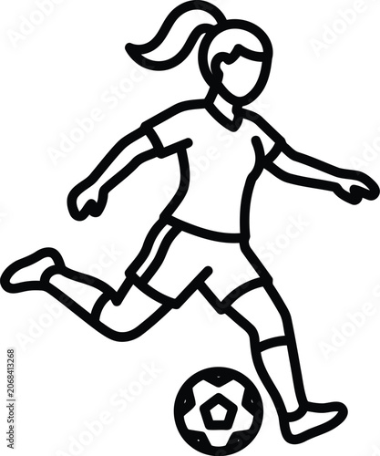 Female soccer player kicking ball in black outline icon style, isolated sports illustration on white background