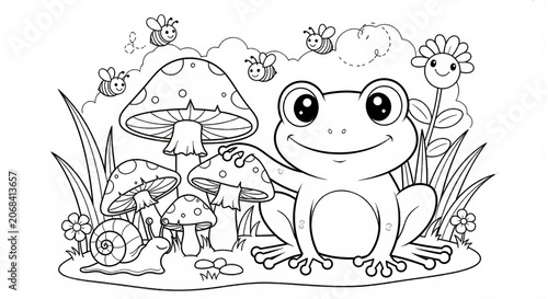 A cheerful frog sitting amidst lush greenery and mushrooms in a whimsical garden setting for kids