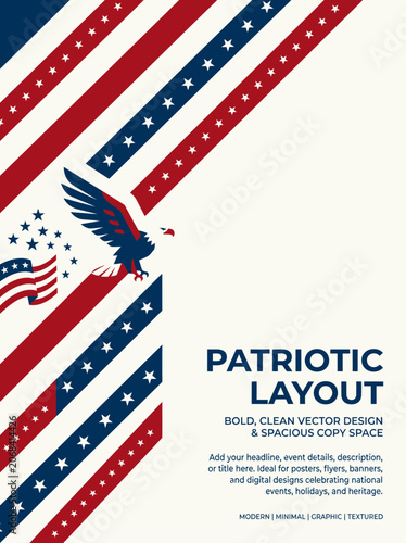 Patriotic Layout Featuring American Flag Elements and Bald Eagle.