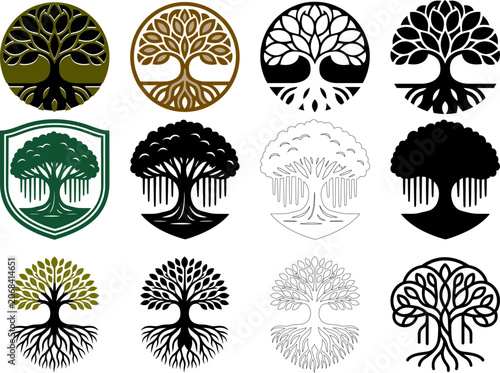 Tableau sur toile Tree of life logo set, 12 circular and shield banyan tree icons with roots, blac