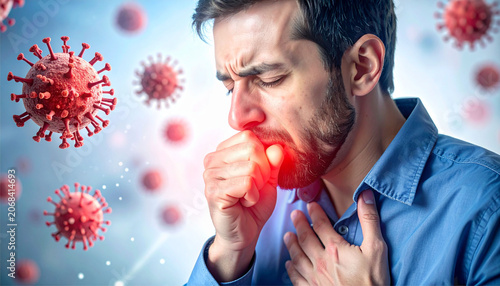 Man coughing heavily with red virus cells floating around, respiratory infection concept
