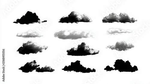 Set of 12 Isolated Cloud Shapes and Silhouettes on White Background