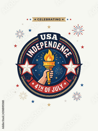 USA Independence Day Celebration Emblem with Torch and Stars.