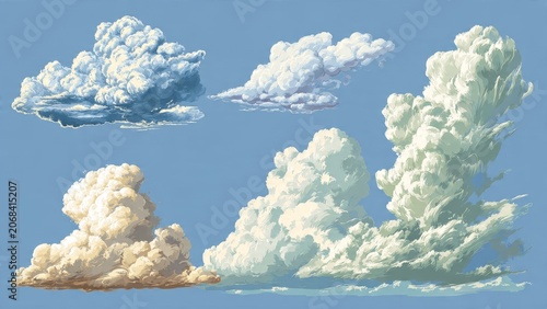 Set of realistic cumulus and cumulonimbus clouds against a clear blue sky, digital illustration