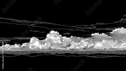 Abstract digital illustration of fluffy cumulus clouds and wavy lines on a black background, creating a graphic art style effect.