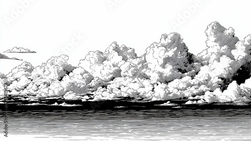 Dramatic Cumulonimbus Clouds Over Calm Ocean Water, Black and White Ink Drawing Style