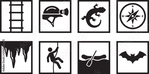 Diverse collection of outdoor adventure activity icons featuring exploration, climbing, caving, and navigation symbols for nature-based sports and wilderness hobbies