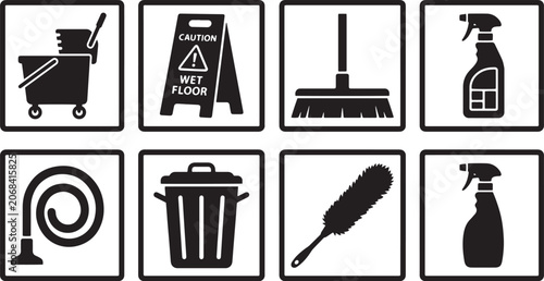Comprehensive set of professional and domestic cleaning icons, showcasing essential tools for maintaining immaculate hygiene and order in various environments