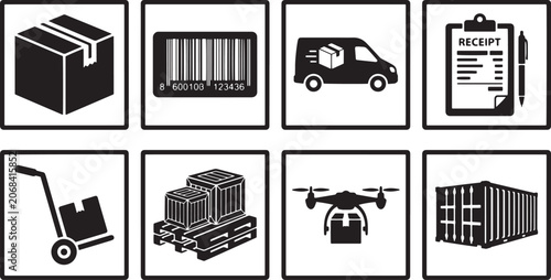 Logistics shipping and delivery icon set featuring barcode van drone pallet and container for supply chain business services