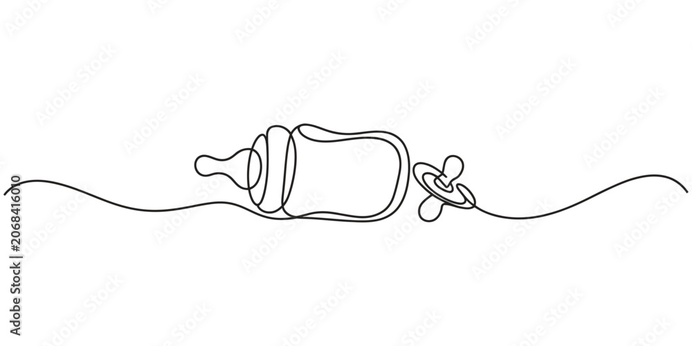 Obraz premium Continuous one line drawing of a baby bottle and a pacifier for newborns