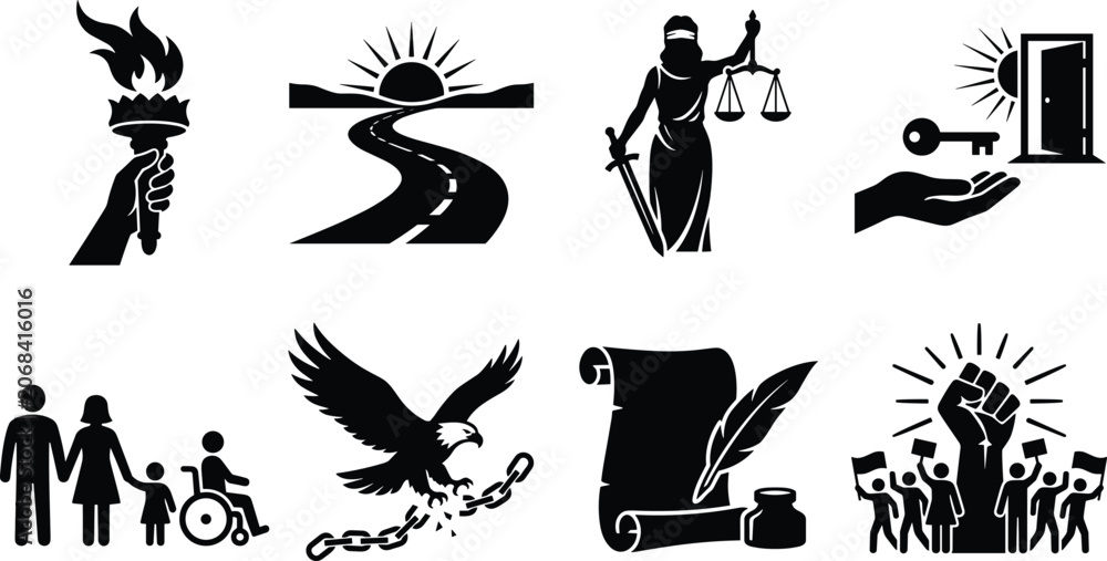 Obraz premium Civil Rights and Freedom Symbols Vector Icon Set for Justice and Equality