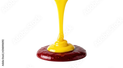 Yellow Mustard Stream Dripping Onto Ketchup