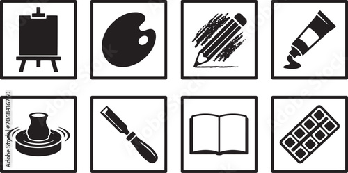 Set of Creative Art and Craft Equipment Vector Icons for Artistic Projects and Educational Design Materials