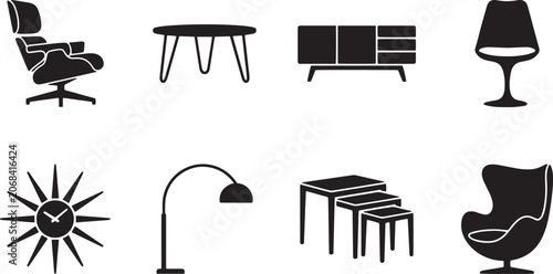Modern minimalist furniture icon set featuring contemporary chairs, tables, lamps, and interior home decor elements