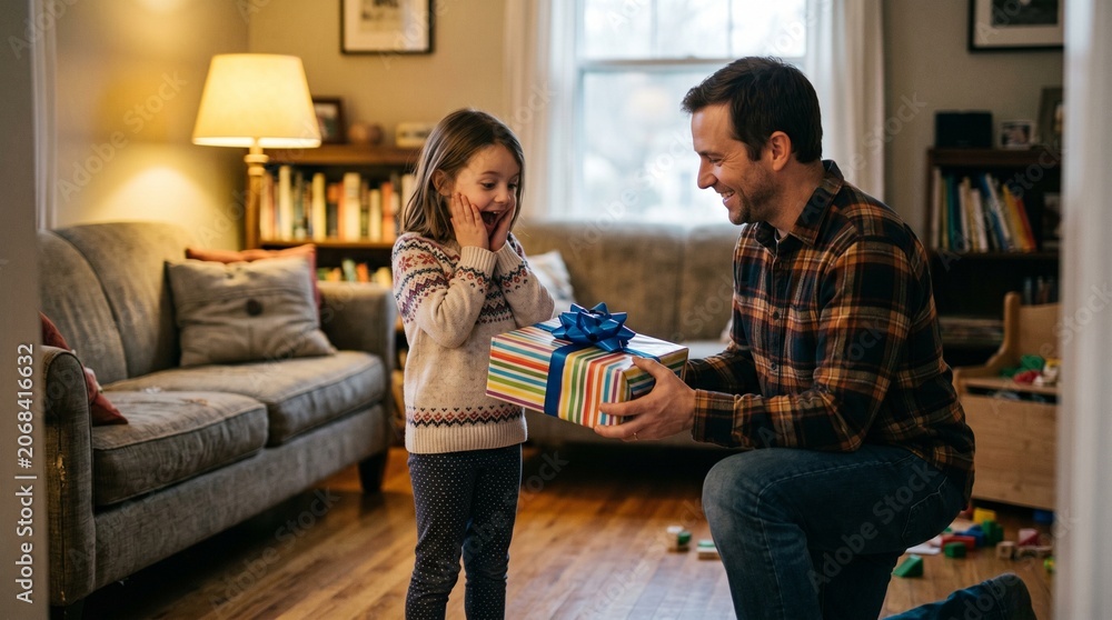 Fototapeta premium Father surprises excited daughter with a colorful birthday gift in their cozy living room