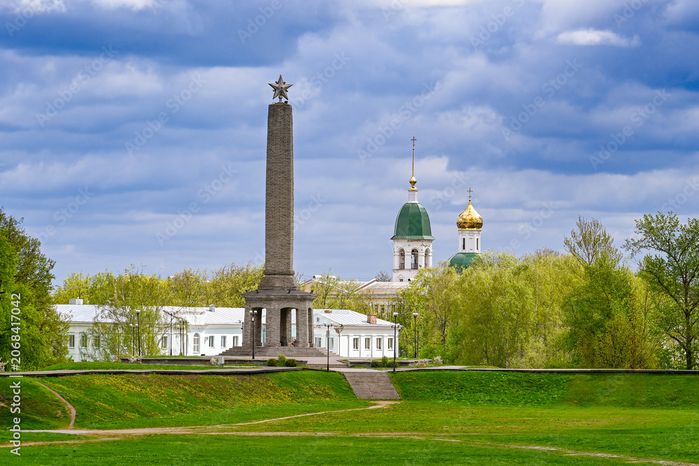 Obraz premium View from the fortress of the Obelisk of Glory and the Ascension Cathedral in Velikiye Luki, Pskov region of Russia