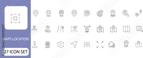 A set of 27 line icons related to maps and location