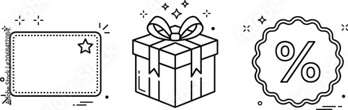 E commerce discount promotion vector set with blank membership voucher gift box present and percentage sale badge icon