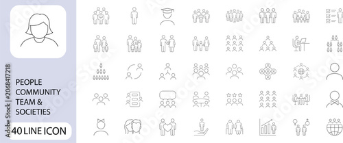 A set of 40 line icons depicting people community team and societies in a simple style