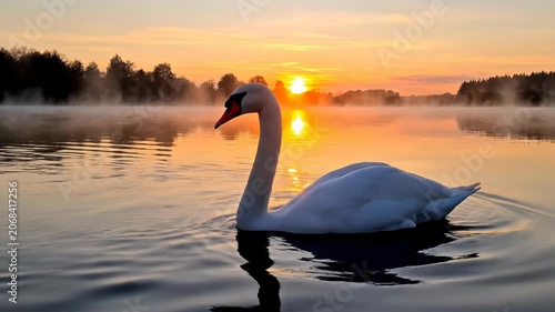 White mute swan swimming on a calm lake with mist during a vibrant orange sunrise. Reflections of the sun and bird on the water surface with forest silhouette in the background.
