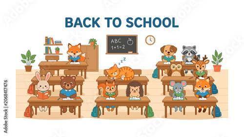 Schilderij op canvas Back to School Classroom Scene: Adorable animal characters attend class, sitting at desks in a charming classroom setting, ready for a day of learning and fun