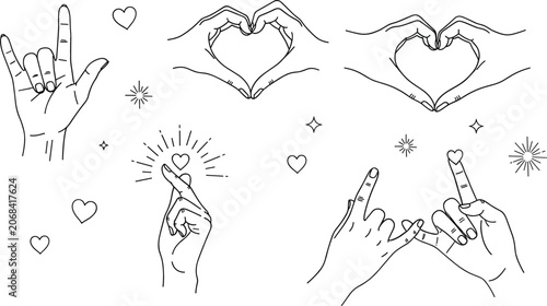 Human hands making heart gestures fingers crossed pinky swear sign language love collection line art vector sketch set