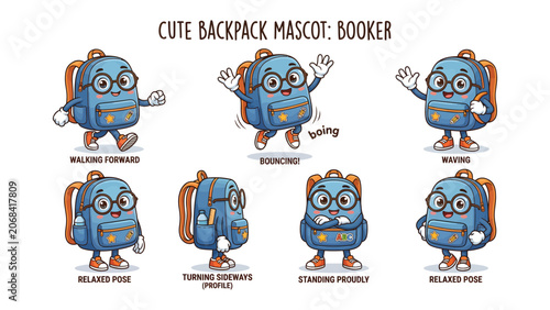 Schilderij op canvas Cute Backpack Mascot: Booker collection of illustrations depicts a friendly backpack character, Booker, in various dynamic poses and expressions