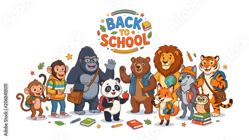 Canvas Print Back to School Animals Illustration: A vibrant and colorful cartoon illustration depicts a group of anthropomorphic animals, including monkeys, gorillas, pandas, bears, lions, foxes, wolves, and owls