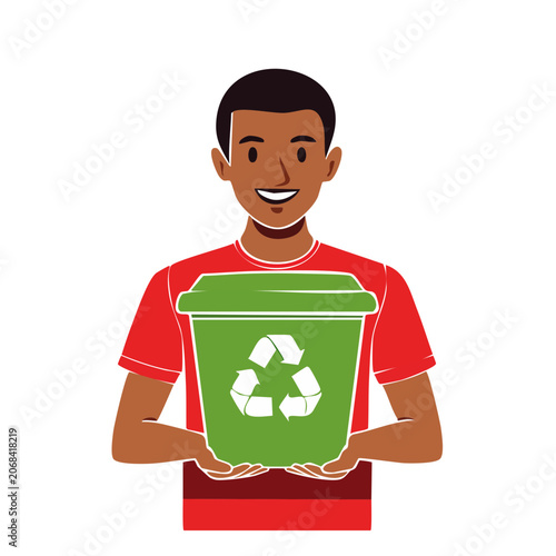 Man holding green recycling bin illustration