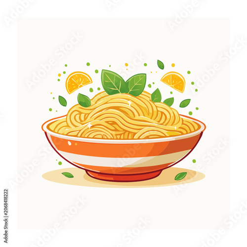 Illustration of a bowl of spaghetti with lemon and leaves