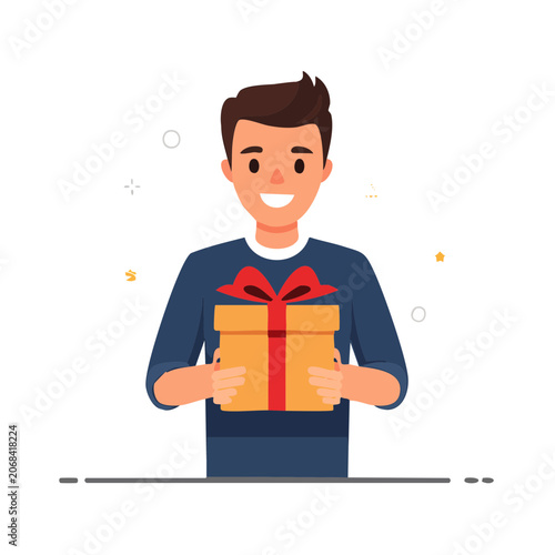 Man holding wrapped gift box in flat vector style