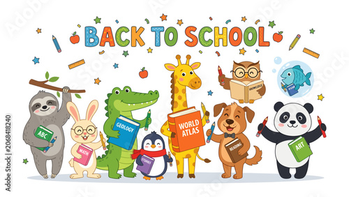 Foto Back to School Animals Party: A vibrant and whimsical illustration depicts a diverse group of adorable anthropomorphic animals, including a sloth, rabbit, crocodile, penguin, giraffe, dog, and panda