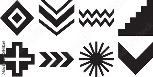 Set of black and white geometric symbols with tribal ethnic motifs and minimalist graphic design icons for creative branding