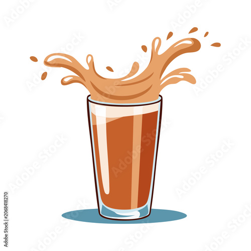 Splashing drink in glass, flat vector illustration