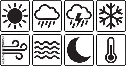 Weather forecast icon set containing symbols for sun, rain, thunder, snow, wind, tide, moon, and temperature measurement