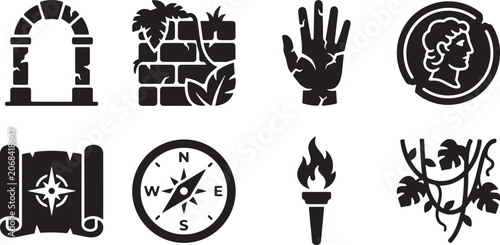 Archaeology and adventure icon set featuring ancient ruins compass map torch and coin
