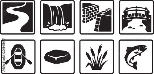 Collection of Nature and Outdoor Adventure Concept Icons Featuring Landscapes Wildlife Recreation and Scenic River Elements