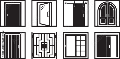 Set of Minimalist Black and White Vector Icons Featuring Various Types of Architectural Door Designs and Modern Building Entrances