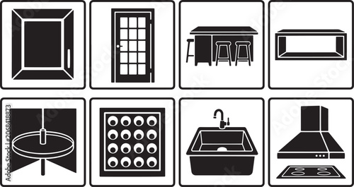 Set of Minimalist Vector Line Icons Representing Various Interior Design Furniture and Kitchen Equipment Fixtures for Home Decor