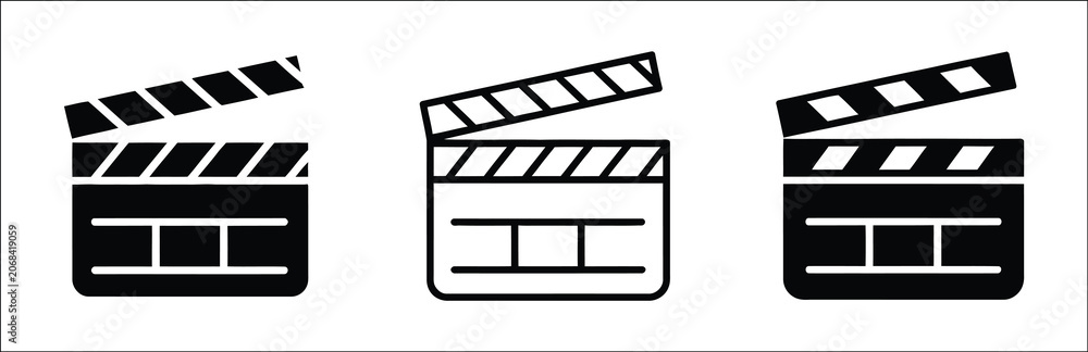 Fototapeta premium Clapperboard icon set featuring three black and white film slate designs, movie production symbols, filmmaking equipment graphics, cinema and video project elements, isolated vector illustrations.