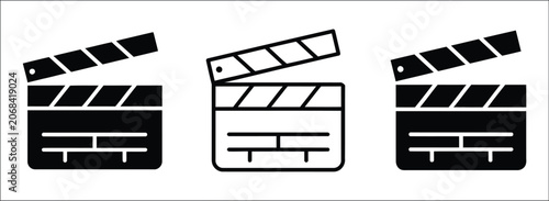 Schilderij op canvas Clapperboard icon set featuring three black and white film slate designs, movie production symbols, filmmaking equipment graphics, cinema and video project elements, isolated vector illustrations